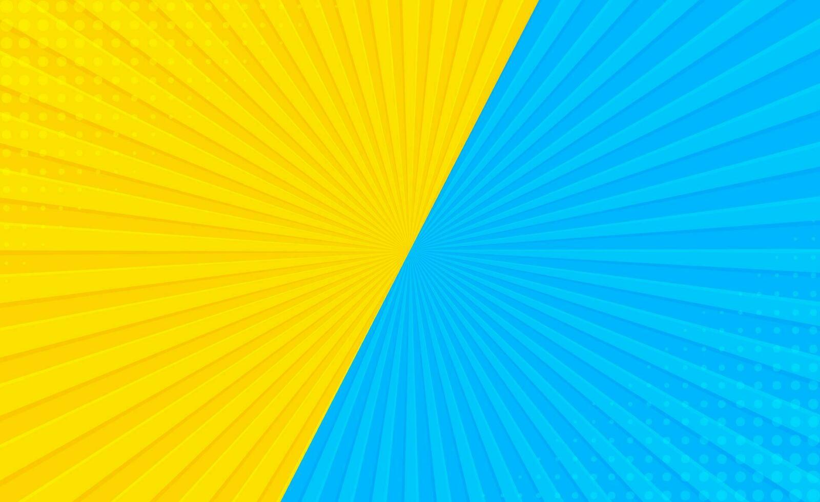 zon licht stralen zon knal kunst retro wijnoogst stijl achtergrond met blauw en geel kleur. grappig boek knal kunst strip radiaal backdrop halftone abstract zomer zonnig wijnoogst radiaal versus achtergrond. vector