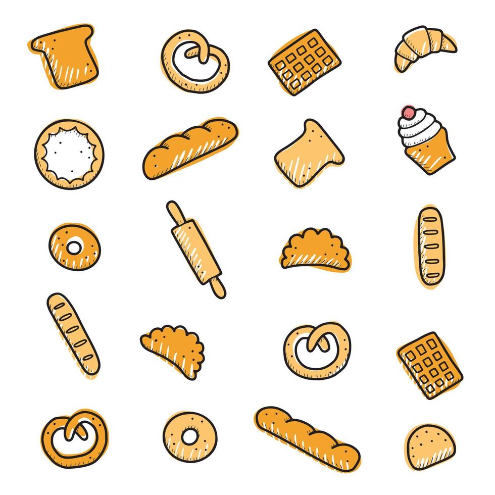 handgetekende set bakkerij- en bakelementen. vectorillustratie. vector