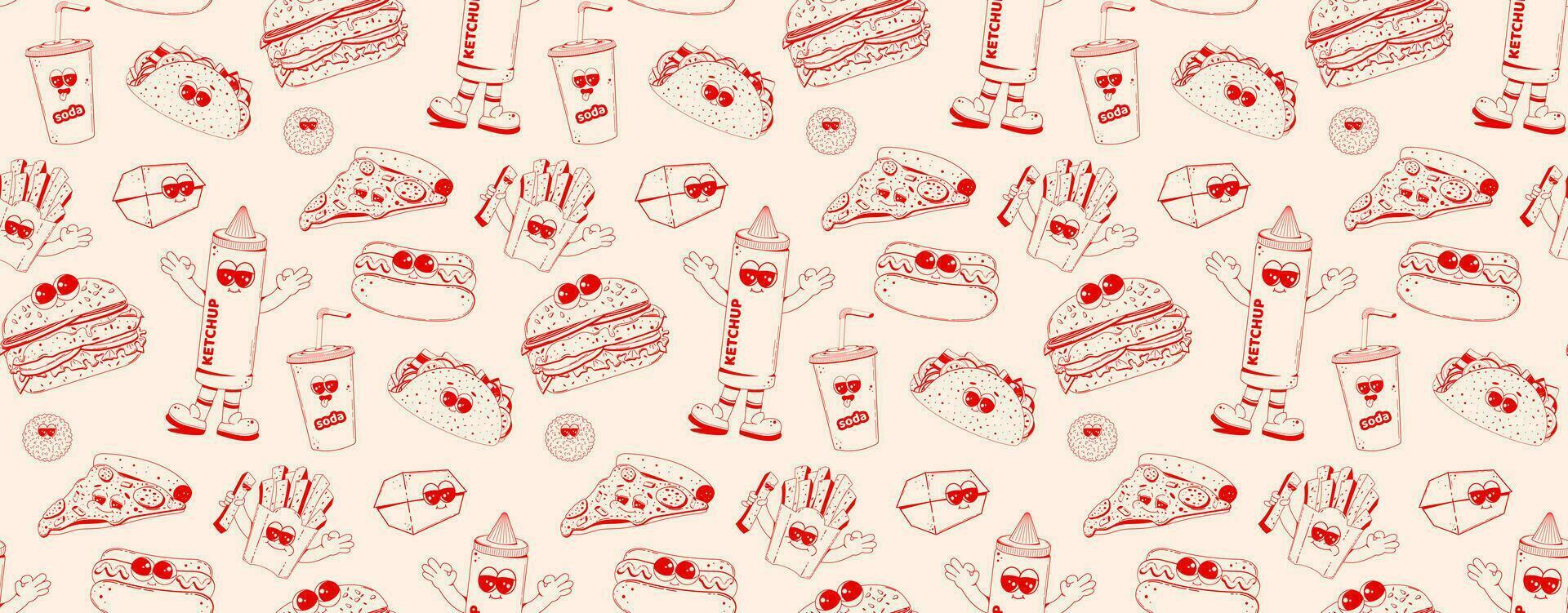 reeks van snel voedsel tekens in retro lineair stijl. Hamburger, pizza, Frisdrank, hod hond, Patat. tekening illustratie in retro tekenfilm stijl. vector