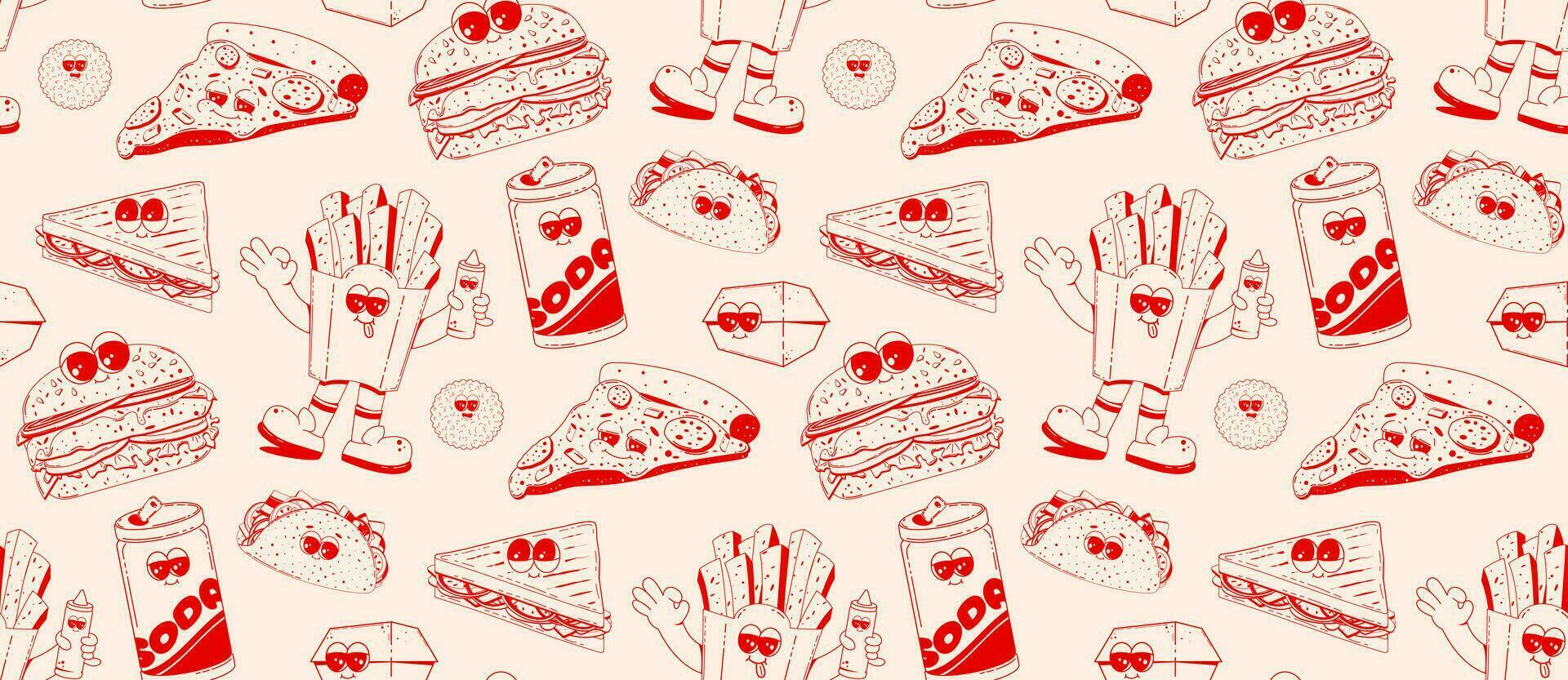 reeks van snel voedsel tekens in retro lineair stijl. Hamburger, pizza, Frisdrank, hod hond, Patat. tekening illustratie in retro tekenfilm stijl. vector