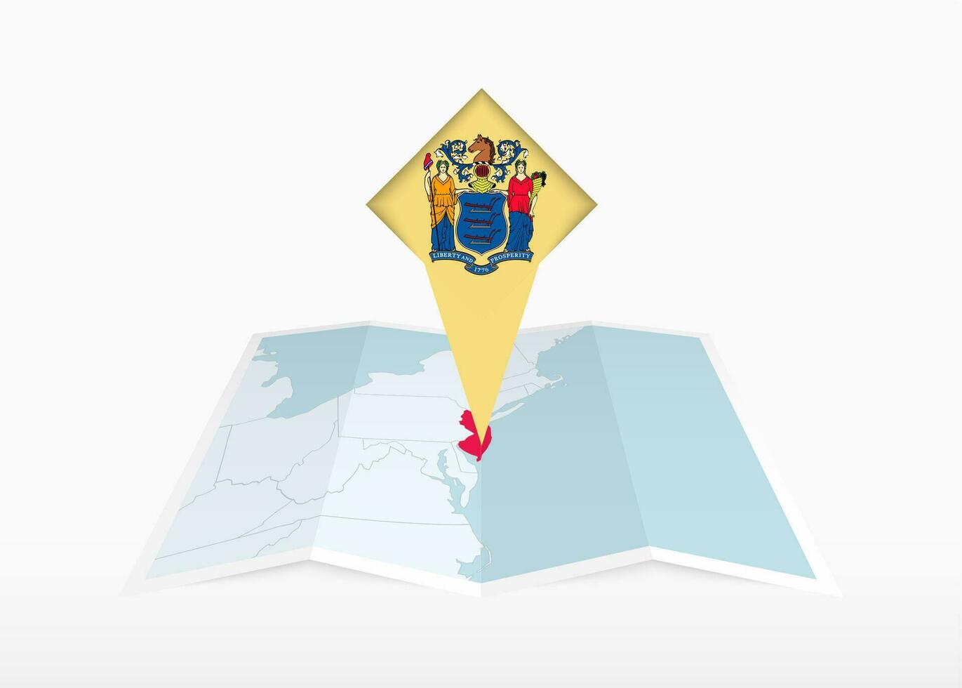 nieuw Jersey is afgebeeld Aan een gevouwen papier kaart en vastgemaakt plaats markeerstift met vlag van nieuw Jersey. vector