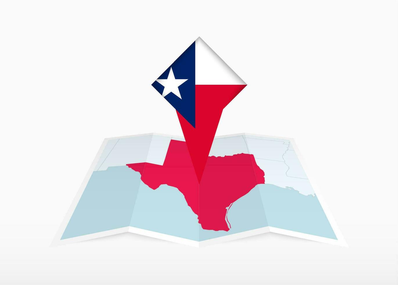 Texas is afgebeeld Aan een gevouwen papier kaart en vastgemaakt plaats markeerstift met vlag van Texas. vector