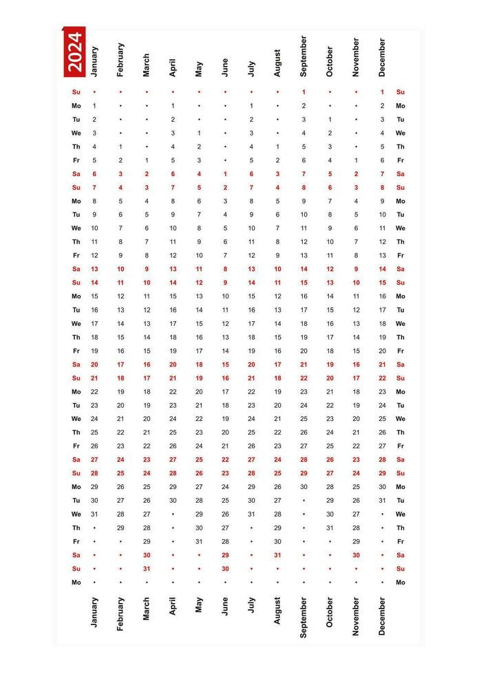 een rij verticaal kalender 2024, zondag eerste dag van de week. vector