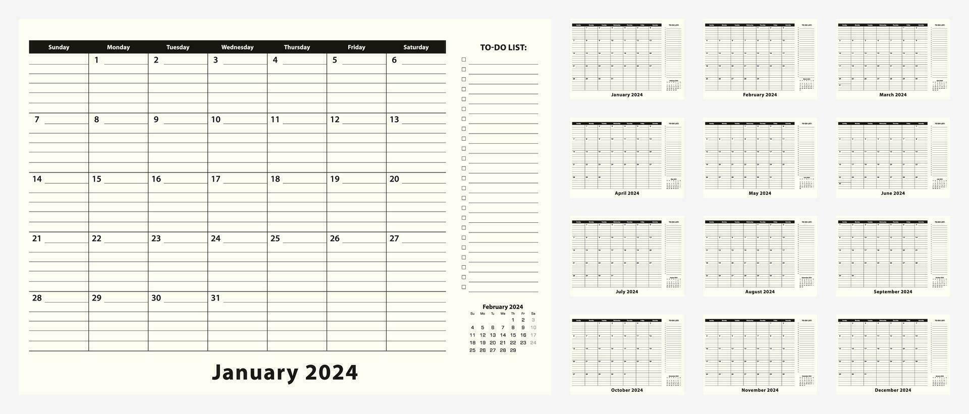 maandelijks bedrijf bureau stootkussen kalender voor jaar 2024, 12 maand. vector