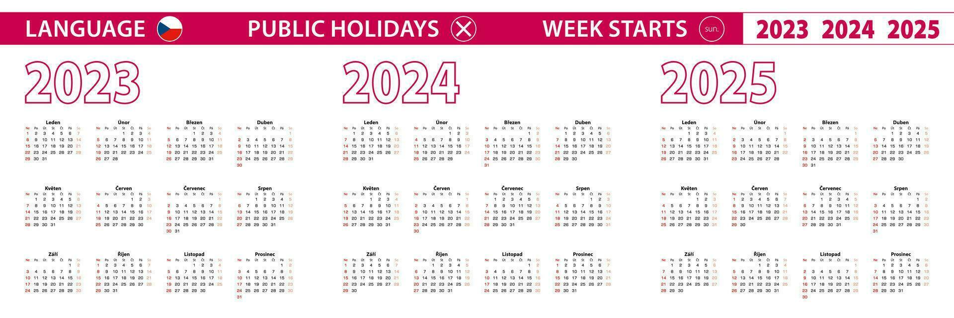 2023, 2024, 2025 jaar vector kalender in Tsjechisch taal, week begint Aan zondag.