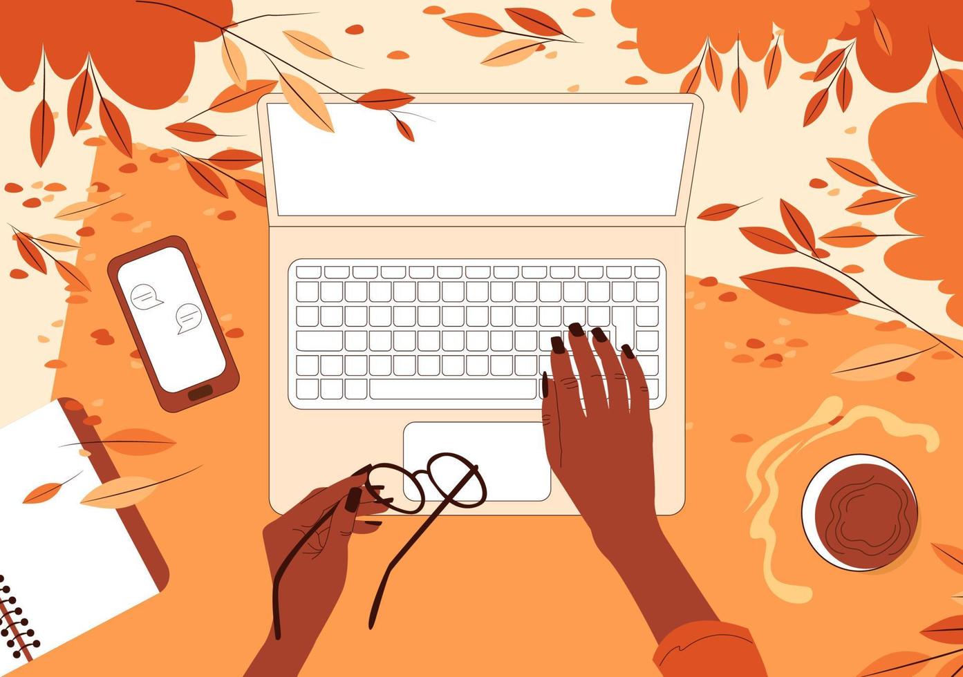 bovenaanzicht op Afro-Amerikaanse vrouwelijke handen die achter een laptop op het gras in een herfstpark werken. platte vectorillustratie van freelance buitenshuis vector