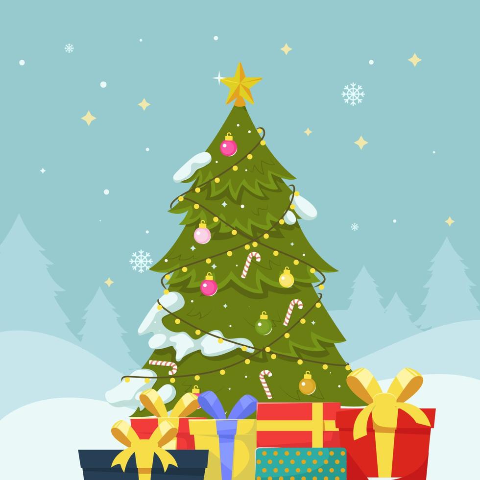 kerstboom met cadeau en besneeuwde achtergrond vector