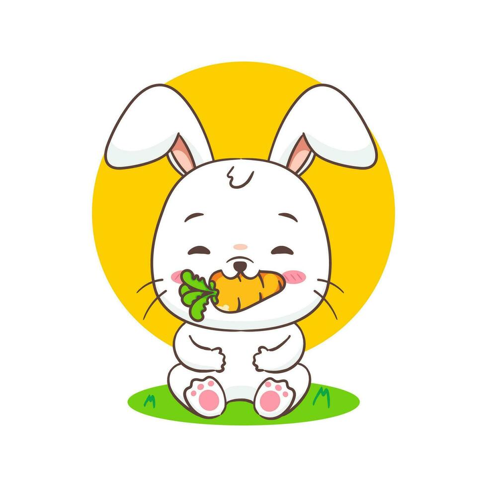 schattig konijn tekenfilm aan het eten wortel. aanbiddelijk konijn karakter. kawaii dier concept ontwerp. geïsoleerd wit achtergrond. mascotte logo icoon vector illustratie