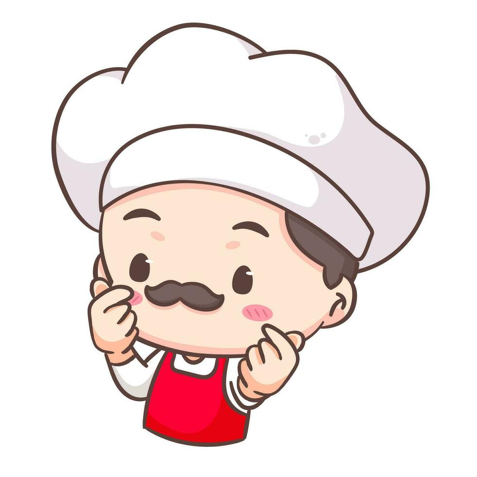 schattig chef liefde vinger teken logo mascotte tekenfilm karakter. mensen professioneel concept ontwerp. chibi vlak vector illustratie. geïsoleerd wit achtergrond.