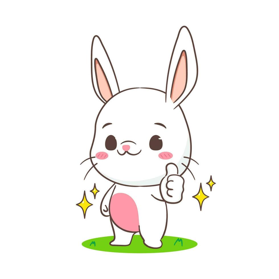 schattig konijn poseren duim omhoog tekenfilm. aanbiddelijk konijn karakter. kawaii dier concept ontwerp. geïsoleerd wit achtergrond. mascotte logo icoon vector illustratie