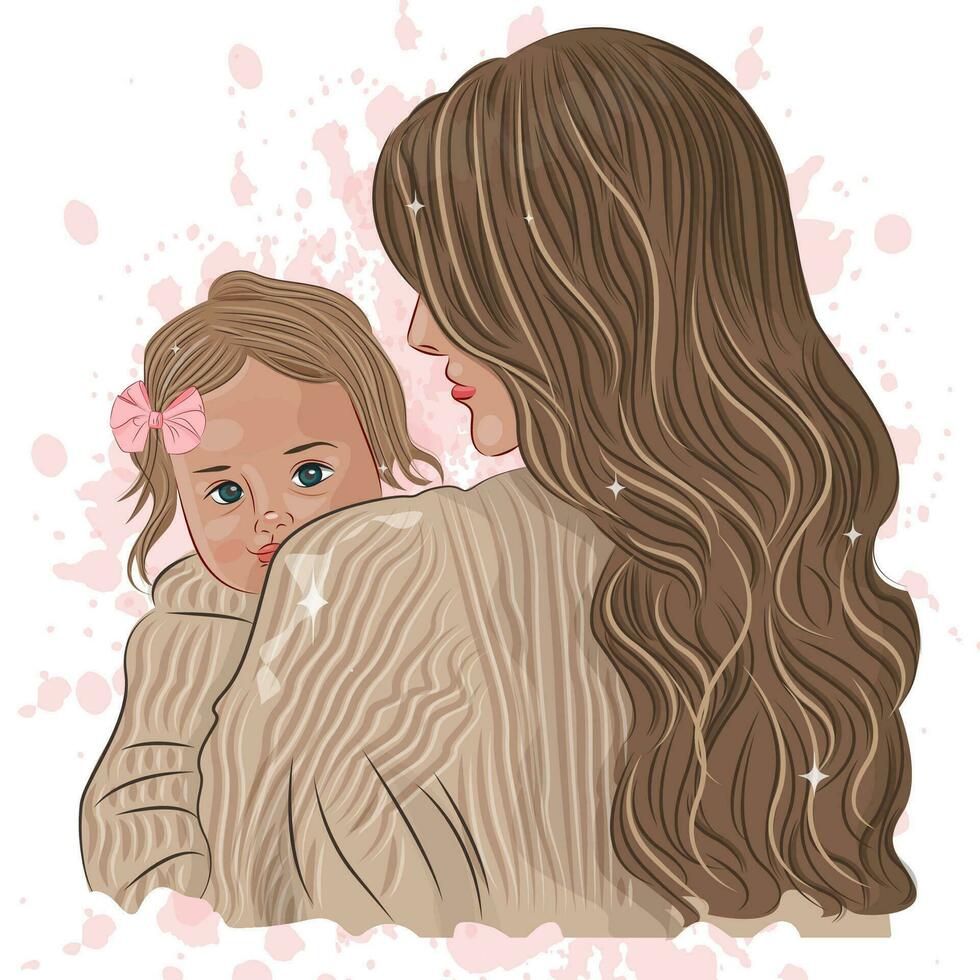 moeder en dochter schattig portret in trui met lang haar- elegant modieus moeder dag stijl moeders dag sjabloon vector illustratie vector illustratie vector illustratie