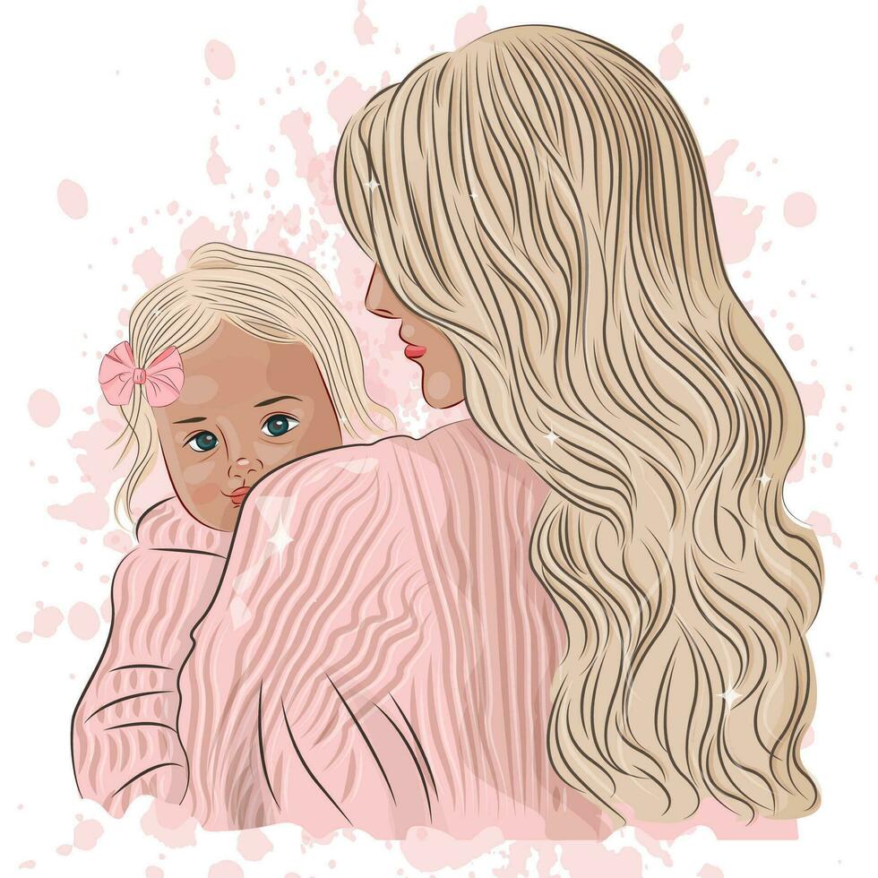 moeder en dochter schattig portret in trui met lang haar- elegant modieus moeder dag stijl moeders dag sjabloon vector illustratie vector illustratie vector illustratie