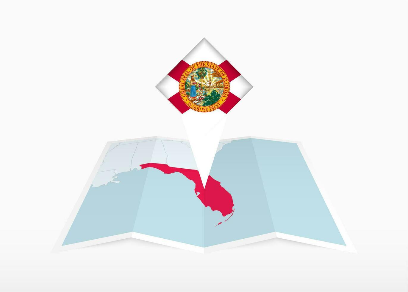 Florida is afgebeeld Aan een gevouwen papier kaart en vastgemaakt plaats markeerstift met vlag van Florida. vector