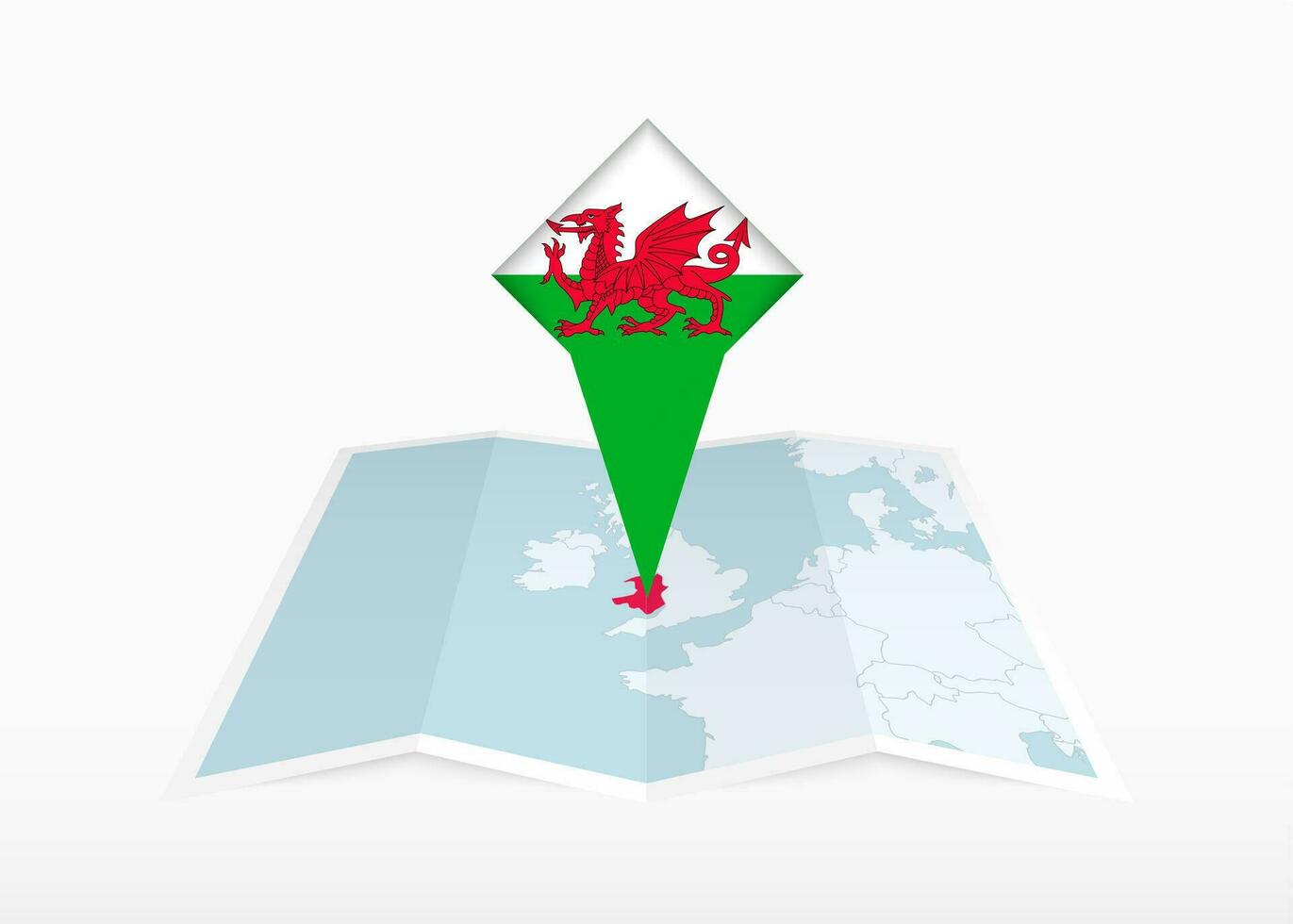 Wales is afgebeeld Aan een gevouwen papier kaart en vastgemaakt plaats markeerstift met vlag van Wales. vector