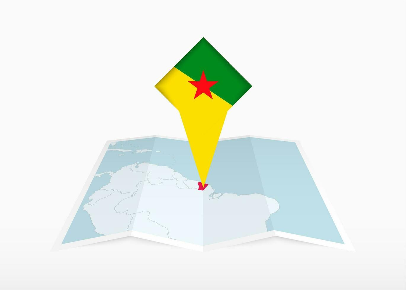 Frans Guyana is afgebeeld Aan een gevouwen papier kaart en vastgemaakt plaats markeerstift met vlag van Frans Guyana. vector