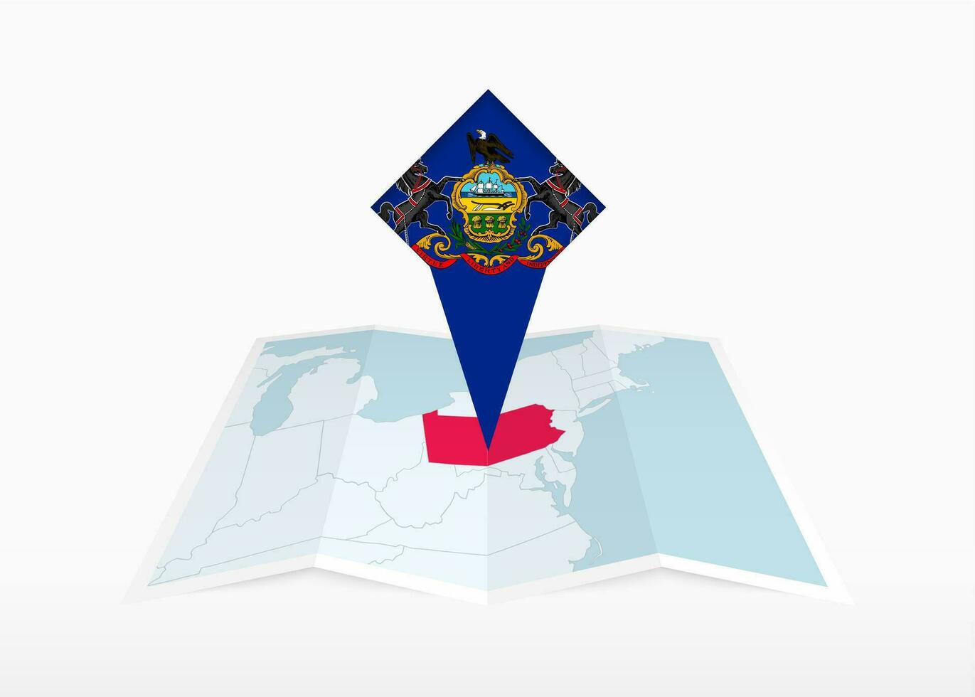 Pennsylvania is afgebeeld Aan een gevouwen papier kaart en vastgemaakt plaats markeerstift met vlag van Pennsylvania. vector