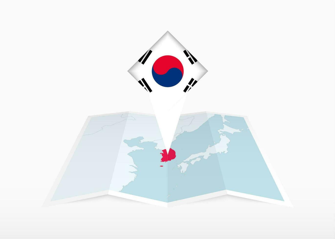 zuiden Korea is afgebeeld Aan een gevouwen papier kaart en vastgemaakt plaats markeerstift met vlag van zuiden Korea. vector