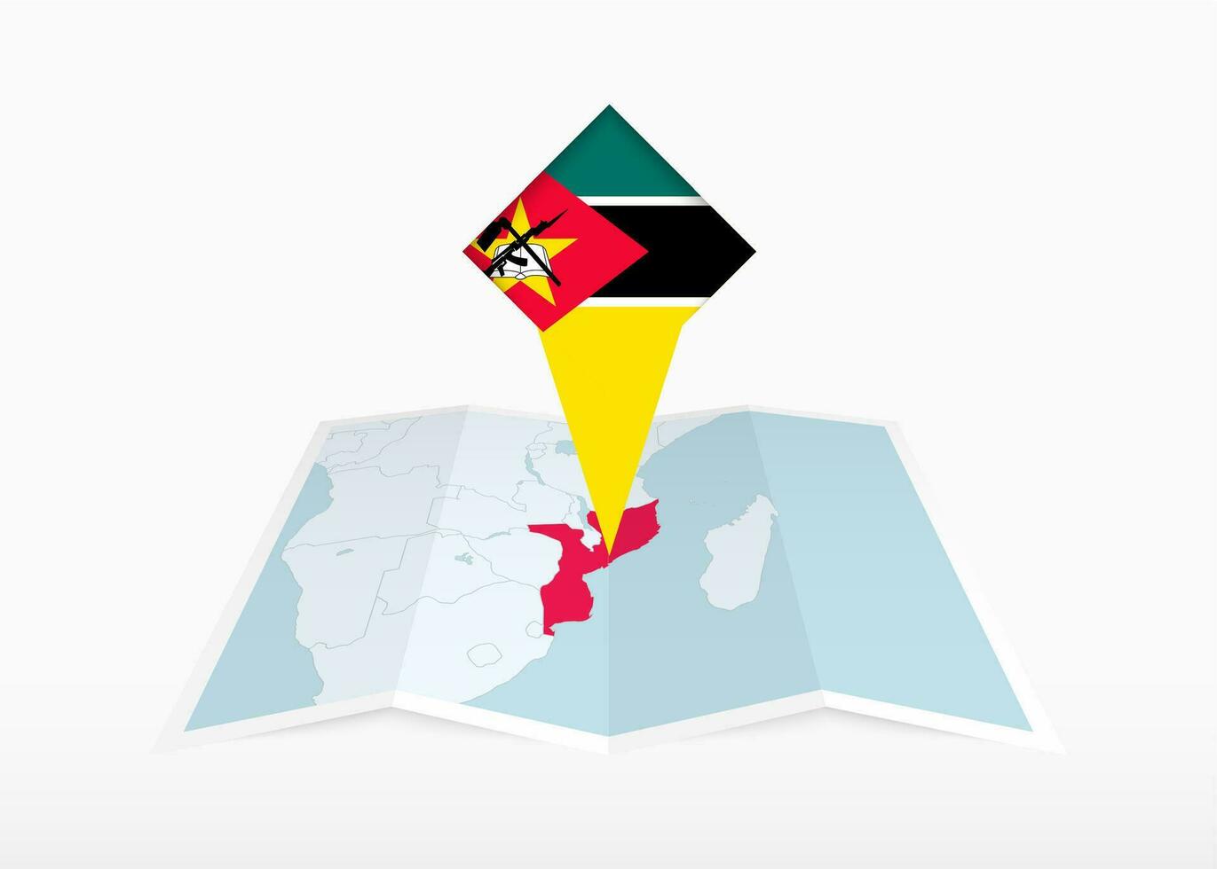 Mozambique is afgebeeld Aan een gevouwen papier kaart en vastgemaakt plaats markeerstift met vlag van mozambique. vector