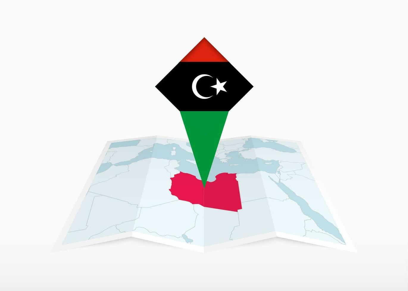 Libië is afgebeeld Aan een gevouwen papier kaart en vastgemaakt plaats markeerstift met vlag van Libië. vector