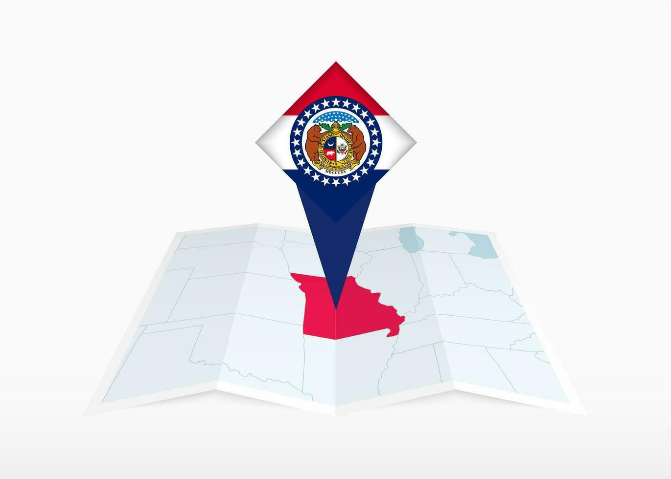 Missouri is afgebeeld Aan een gevouwen papier kaart en vastgemaakt plaats markeerstift met vlag van missouri. vector