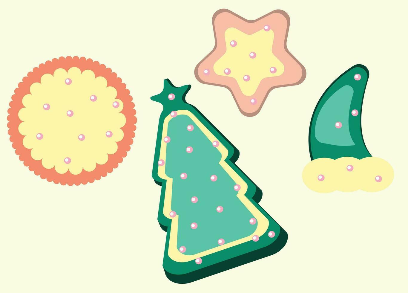 Kerstmis koekjes vector illustratie, Kerstmis kinderen zoet, boom en ster koekjes, groen elf hoed, geschikt voor sociaal media berichten en banier en bakkerij en winkel teken, peperkoek Kerstmis snoepgoed