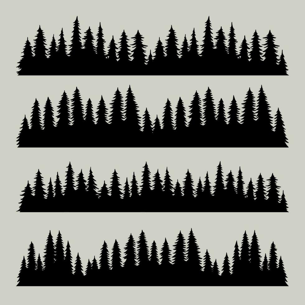 wijnoogst bomen en Woud silhouetten set, zwart pijnboom bossen ontwerp Aan wit achtergrond vector