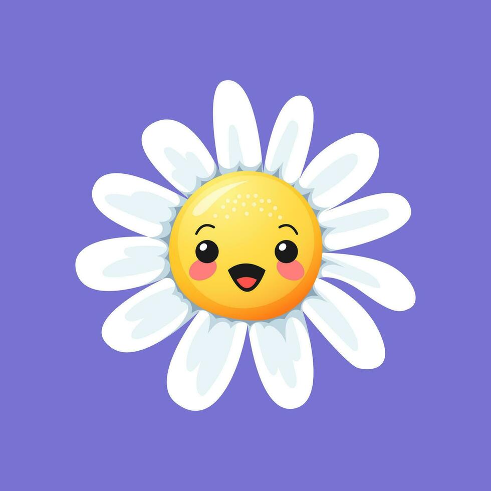 tekenfilm gelukkig kamille, madeliefje bloem glimlach emoji vector