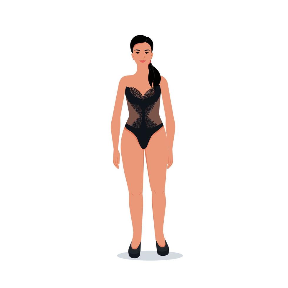 meisje in kant lingerie vlakke afbeelding. aantrekkelijke vrouw in zwarte lingerie vector