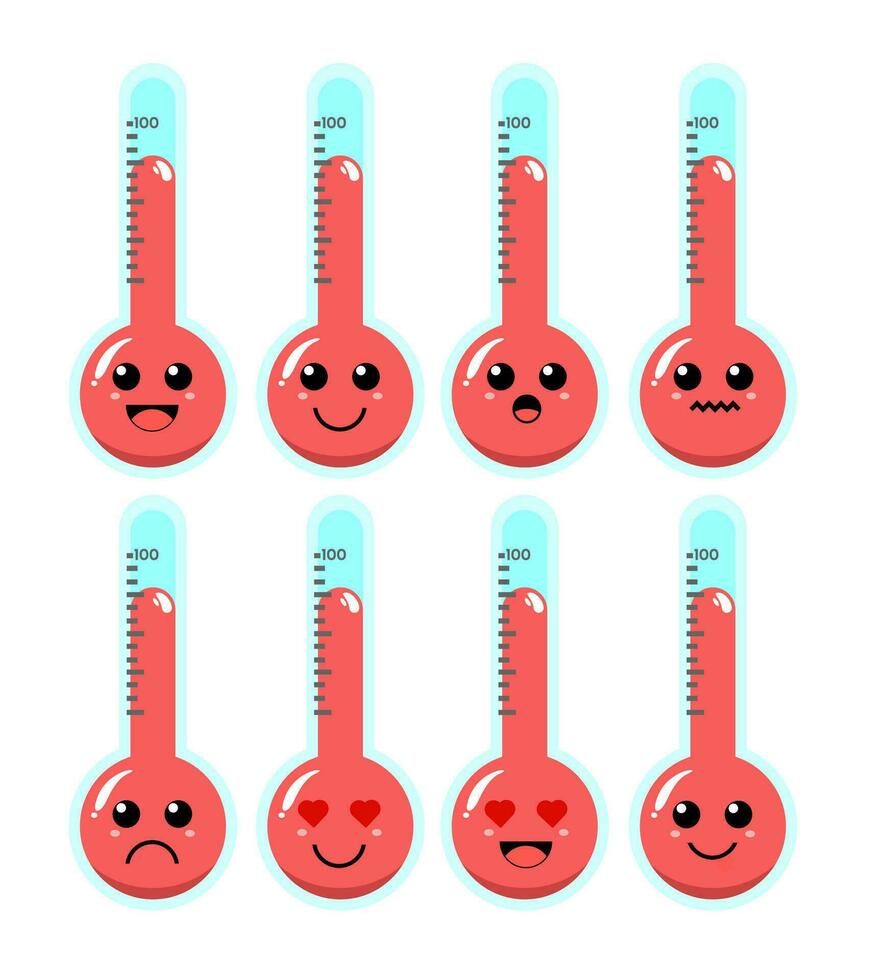 reeks van schattig tekenfilm kleurrijk thermometer met verschillend emoties. grappig emoties karakter verzameling voor kinderen. fantasie karakters. vector illustraties, tekenfilm vlak stijl