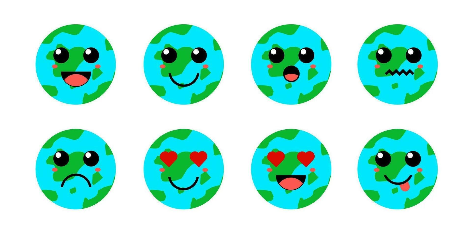 reeks van schattig tekenfilm kleurrijk aarde wereldbol planeet met verschillend emoties. grappig emoties karakter verzameling voor kinderen. fantasie karakters. vector illustraties, tekenfilm vlak stijl