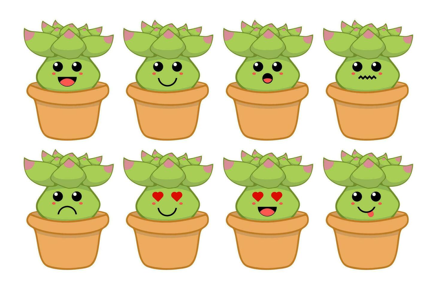 reeks van schattig tekenfilm kleurrijk groen sappig cactus met verschillend emoties. grappig emoties karakter verzameling voor kinderen. fantasie karakters. vector illustraties, tekenfilm vlak stijl