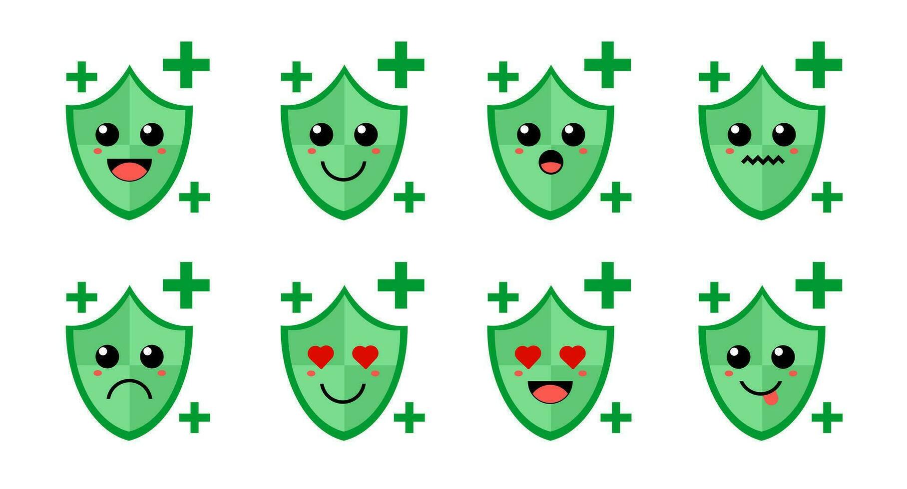 reeks van schattig tekenfilm kleurrijk groen schild met verschillend emoties. grappig emoties karakter verzameling voor kinderen. fantasie karakters. vector illustraties, tekenfilm vlak stijl