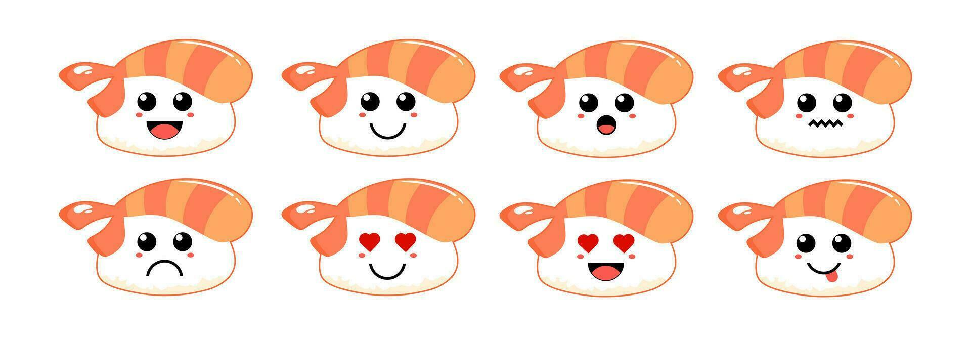 reeks van schattig tekenfilm kleurrijk gebakken garnaal sushi met verschillend emoties. grappig emoties karakter verzameling voor kinderen. fantasie karakters. vector illustraties, tekenfilm vlak stijl