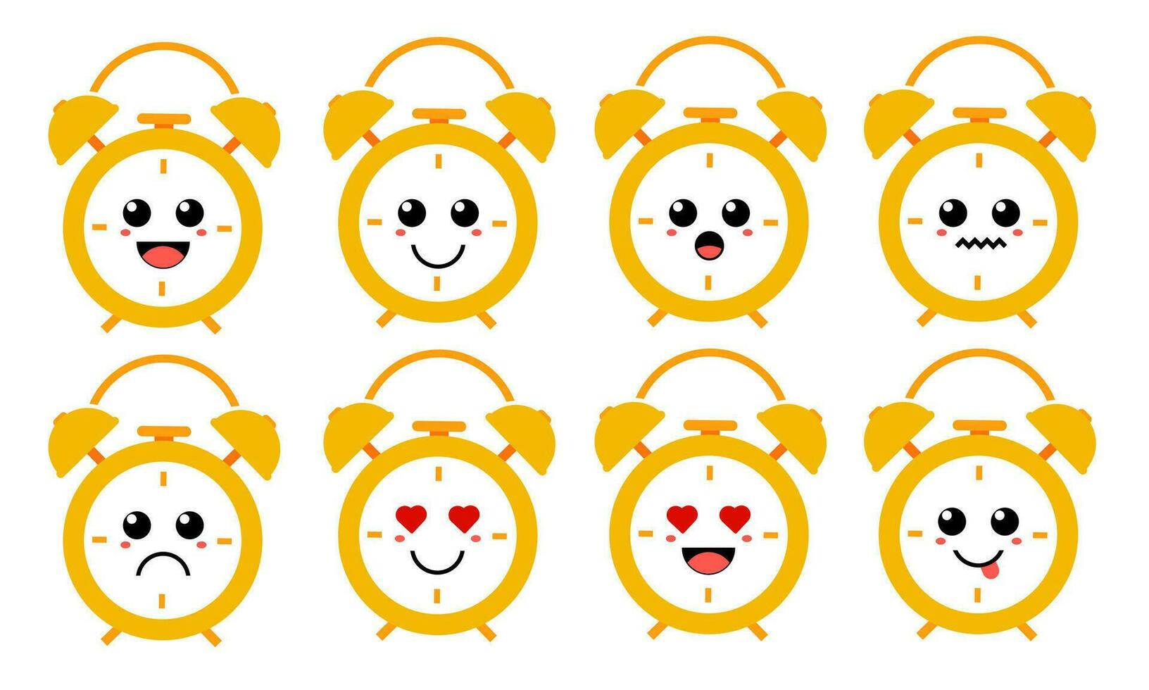 reeks van schattig tekenfilm kleurrijk geel alarm klok met verschillend emoties. grappig emoties karakter verzameling voor kinderen. fantasie karakters. vector illustraties, tekenfilm vlak stijl