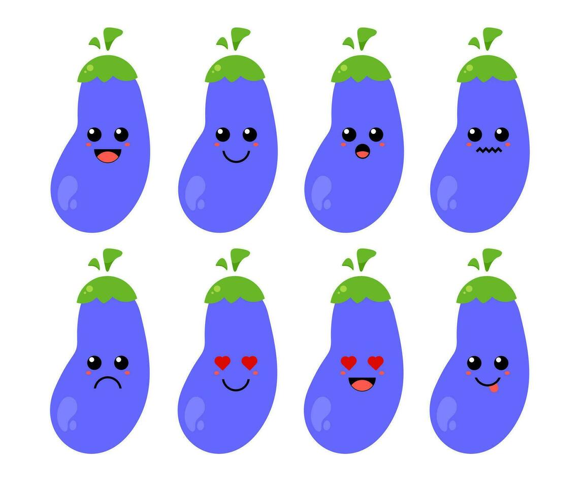 reeks van schattig tekenfilm kleurrijk Purper aubergine met verschillend emoties. grappig emoties karakter verzameling voor kinderen. fantasie karakters. vector illustraties, tekenfilm vlak stijl