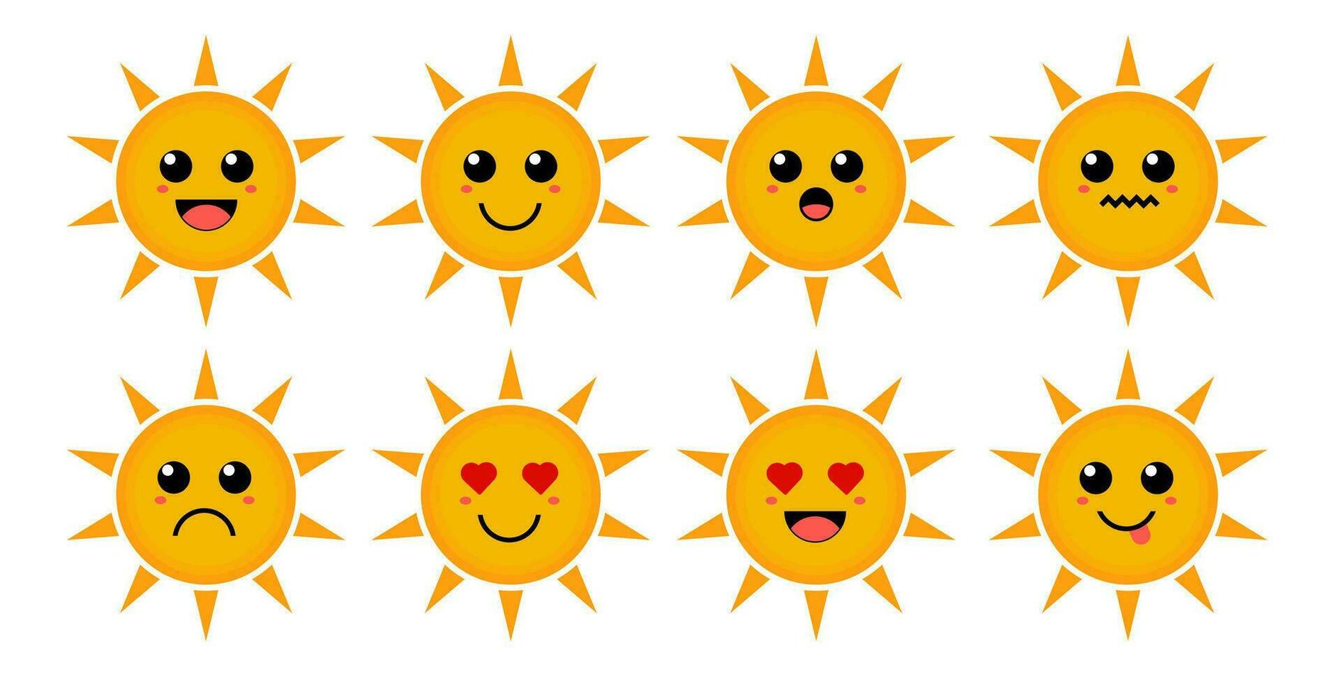 reeks van schattig tekenfilm kleurrijk geel zon met verschillend emoties. grappig emoties karakter verzameling voor kinderen. fantasie karakters. vector illustraties, tekenfilm vlak stijl