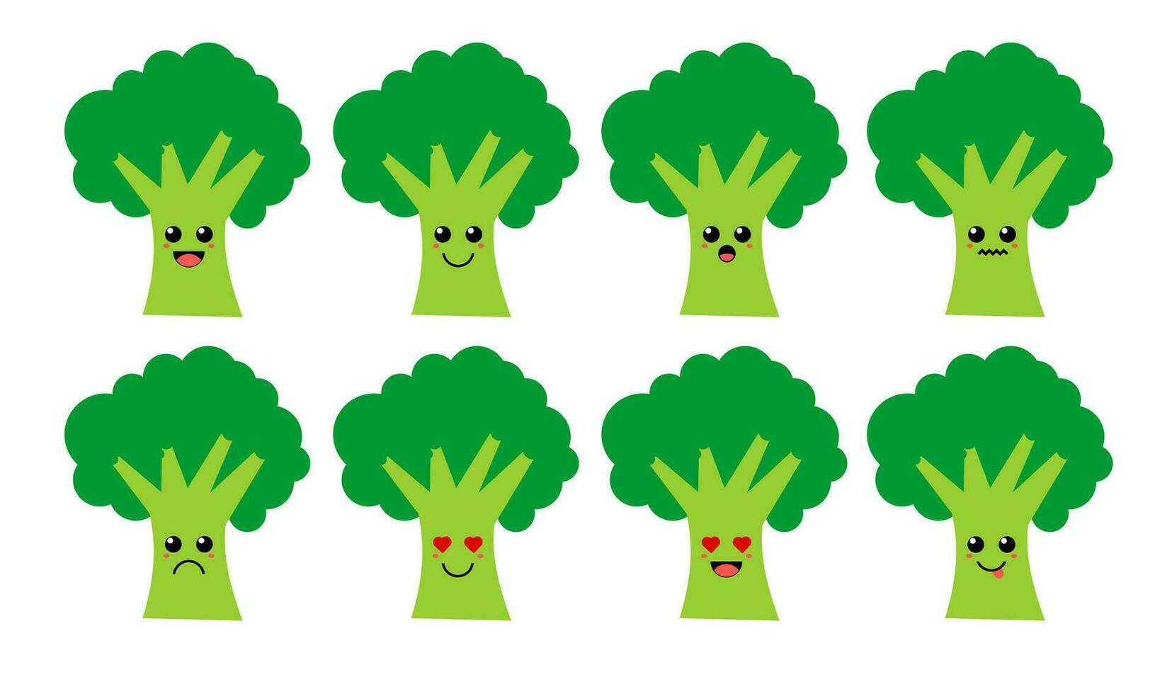 reeks van schattig tekenfilm kleurrijk groen broccoli groente met verschillend emoties. grappig emoties karakter verzameling voor kinderen. fantasie karakters. vector illustraties, tekenfilm vlak stijl