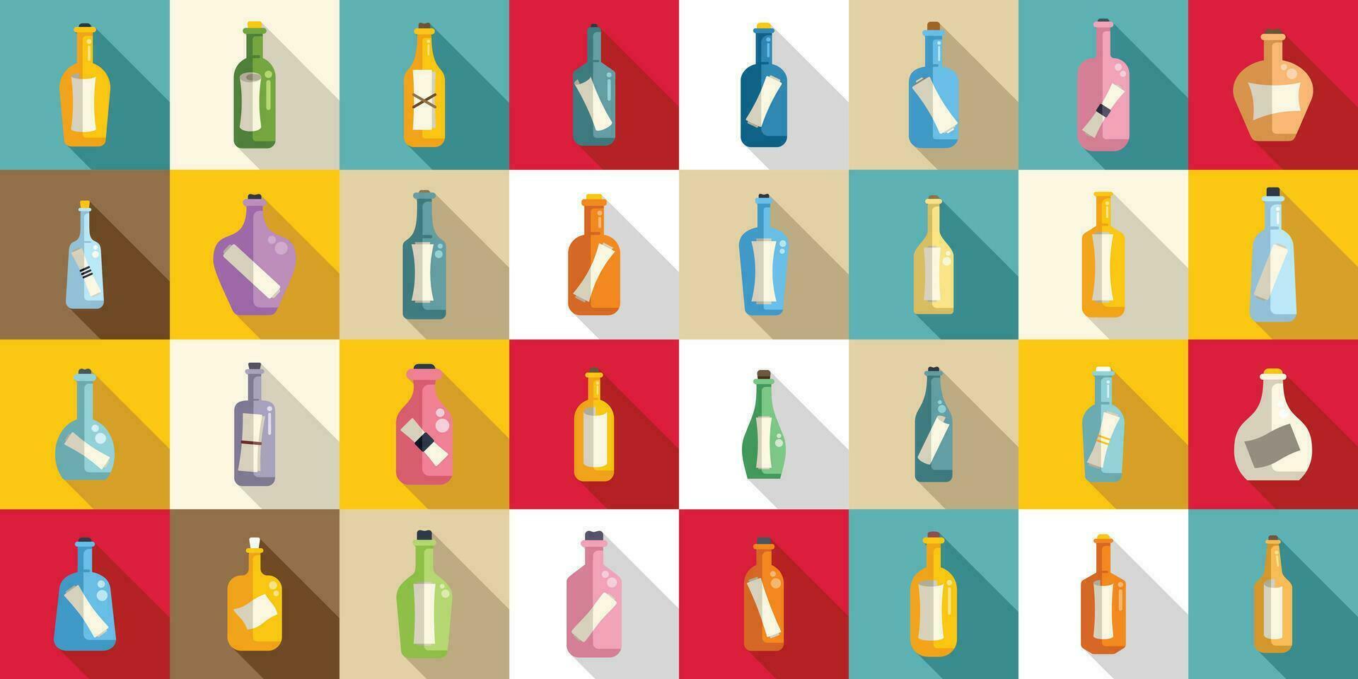 bericht in de fles pictogrammen reeks vlak vector. papier kurk vector