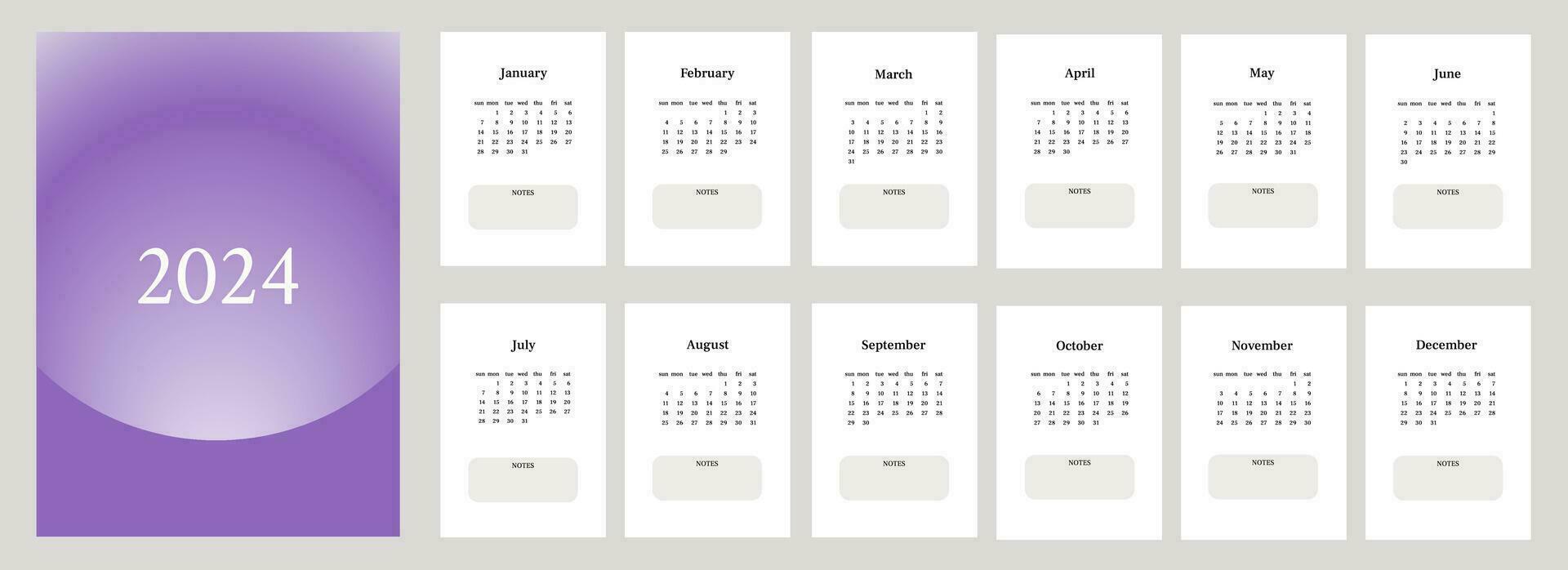 gemakkelijk zakelijke bureau kalender 2024 met met notities. week begin Aan zondag. reeks van 12 maanden. sjabloon voor a4 a3 a5 grootte vector