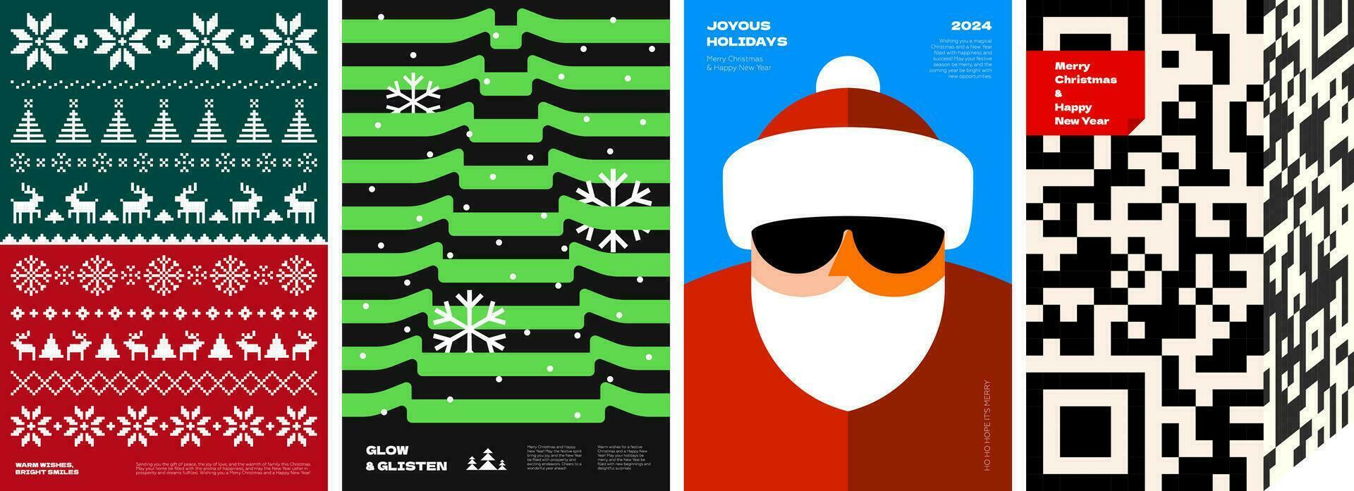 vrolijk Kerstmis en gelukkig nieuw jaar abstract grafisch bauhaus en brutalisme poster. minimalistische feestelijk evenement afdrukken. lelijk trui patroon en de kerstman claus Aan modieus aanplakbiljet. modern Spar boom y2k kunst banier vector
