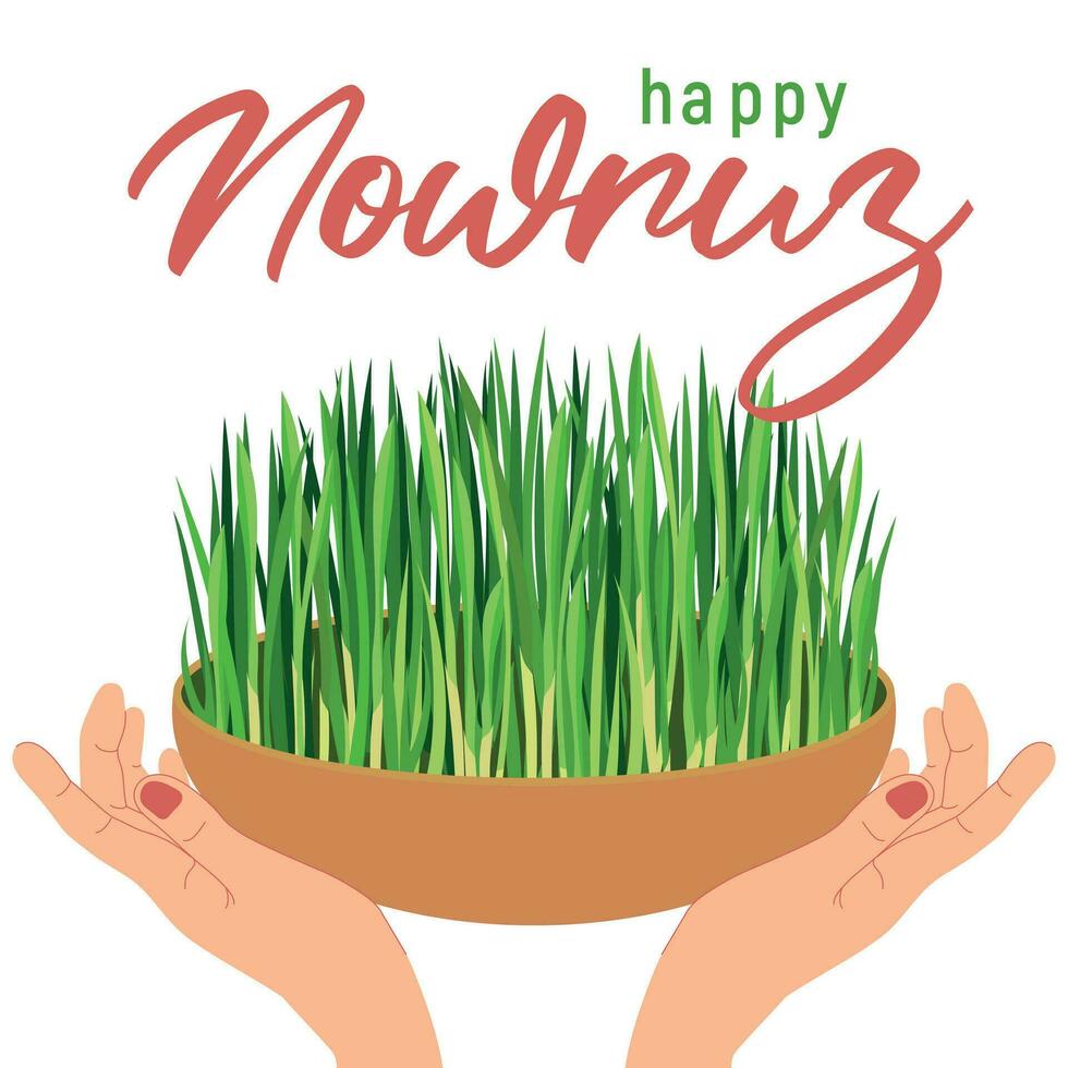 ansichtkaart, Gefeliciteerd Aan navruz. Iraans religieus vakantie. maart 21 is de viering van de aankomst van voorjaar volgens naar de sterrenkundig zonne- kalender. groen gras is een symbool van leven. vector