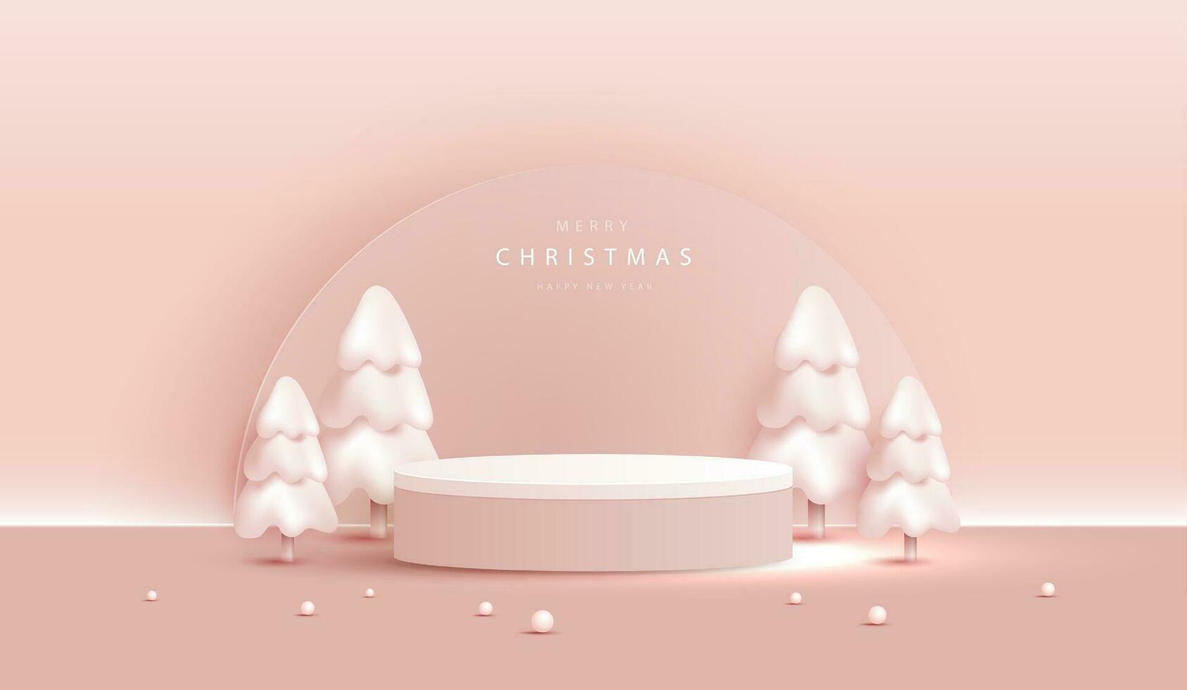 podium vorm voor tonen kunstmatig Product Scherm voor Kerstmis dag of nieuw jaar. staan Product vitrine Aan roze achtergrond met boom, bal en sterren kerstmis. vector ontwerp.