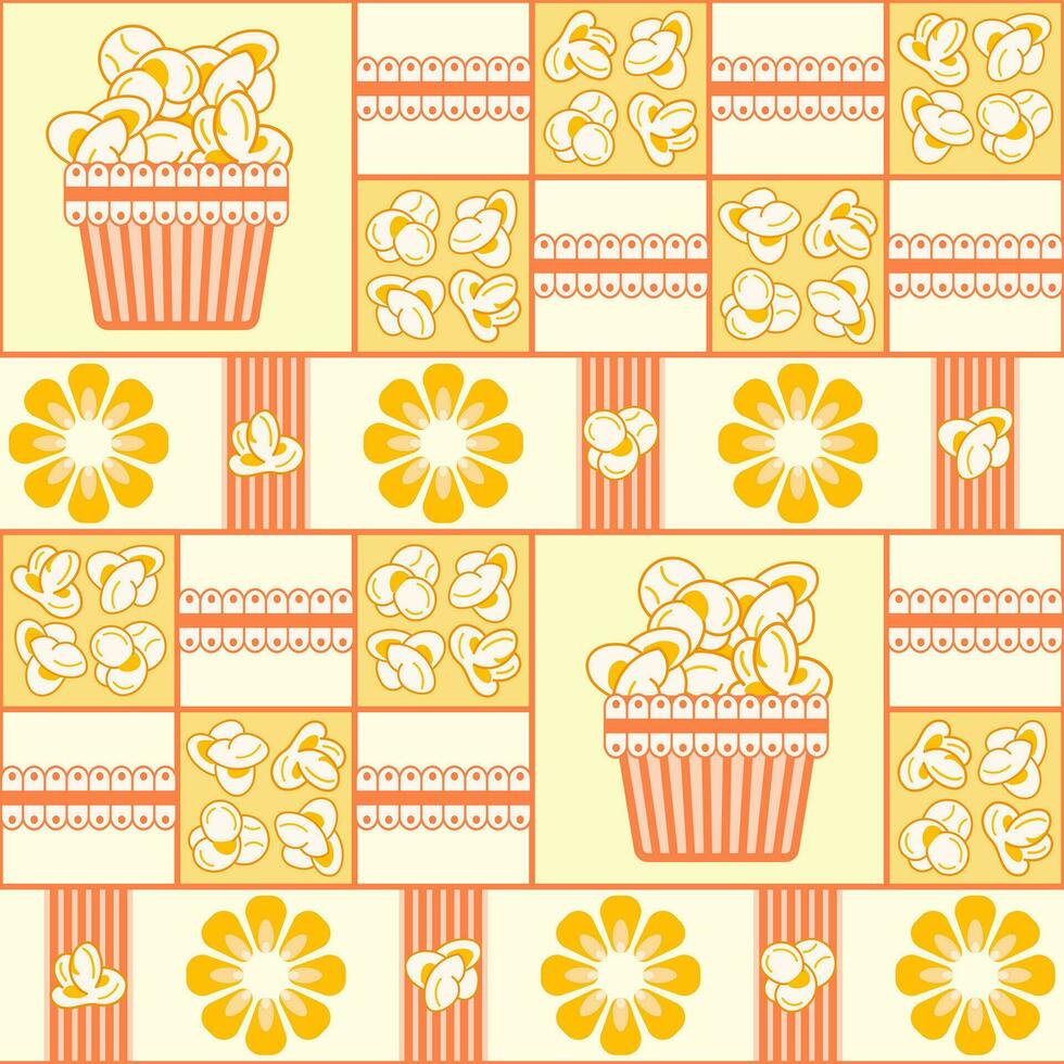 naadloos patroon met pictogrammen van popcorn, popcorn container, maïs granen Aan plein rooster achtergrond. voor branding, decoratie van voedsel pakket, decoratief afdrukken vector