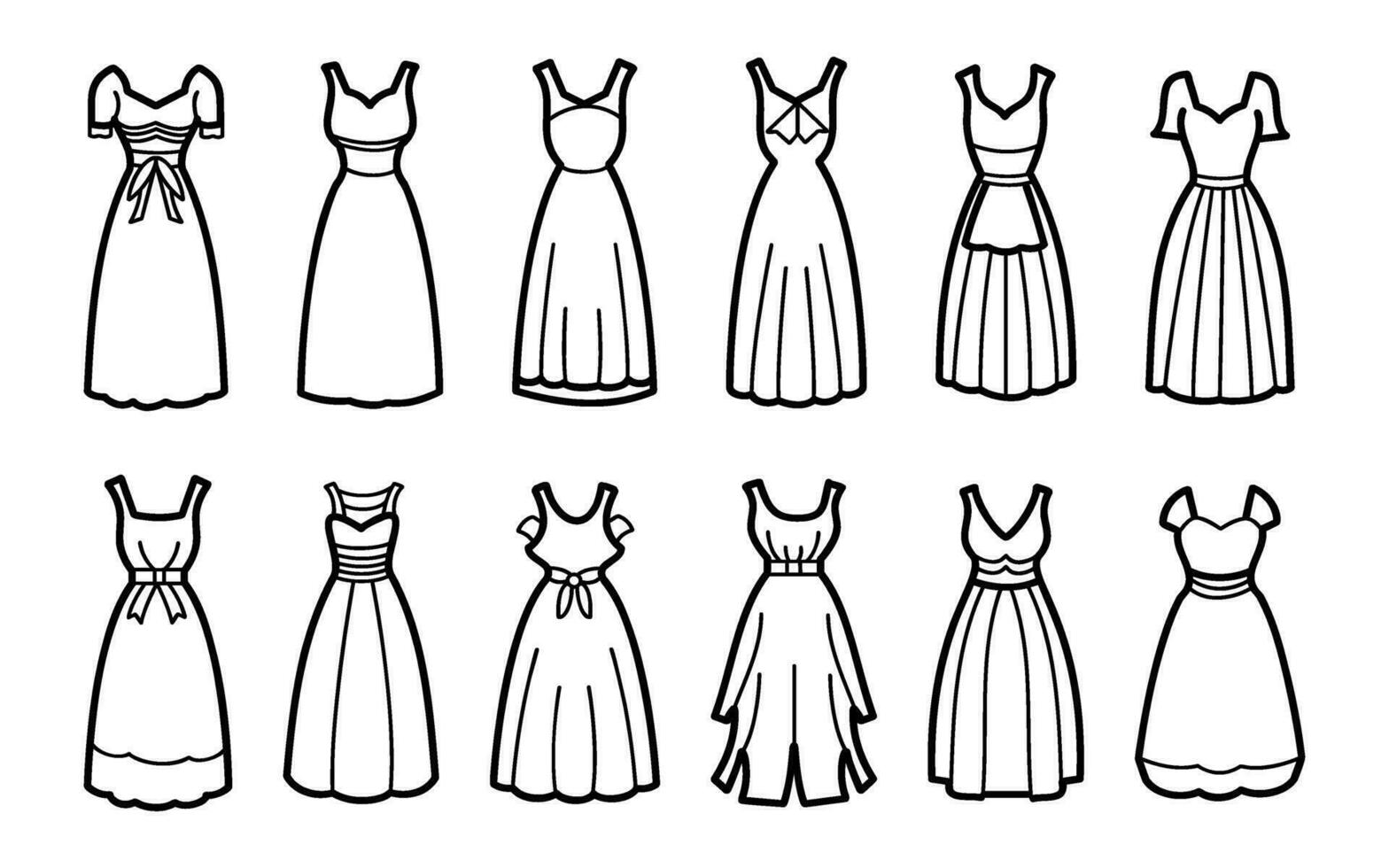 verzameling van wijnoogst lang Dames jurken, zwart schets hand- getrokken schetsen, vlak ontwerp met voorkant visie, vrouw mode kleding, vector illustratie.