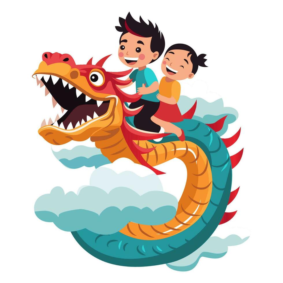 tekenfilm illustratie. kinderen zijn vliegend Aan een vrolijk draak. de symbool van de Chinese nieuw jaar 2024. tekenfilm en schattig vector