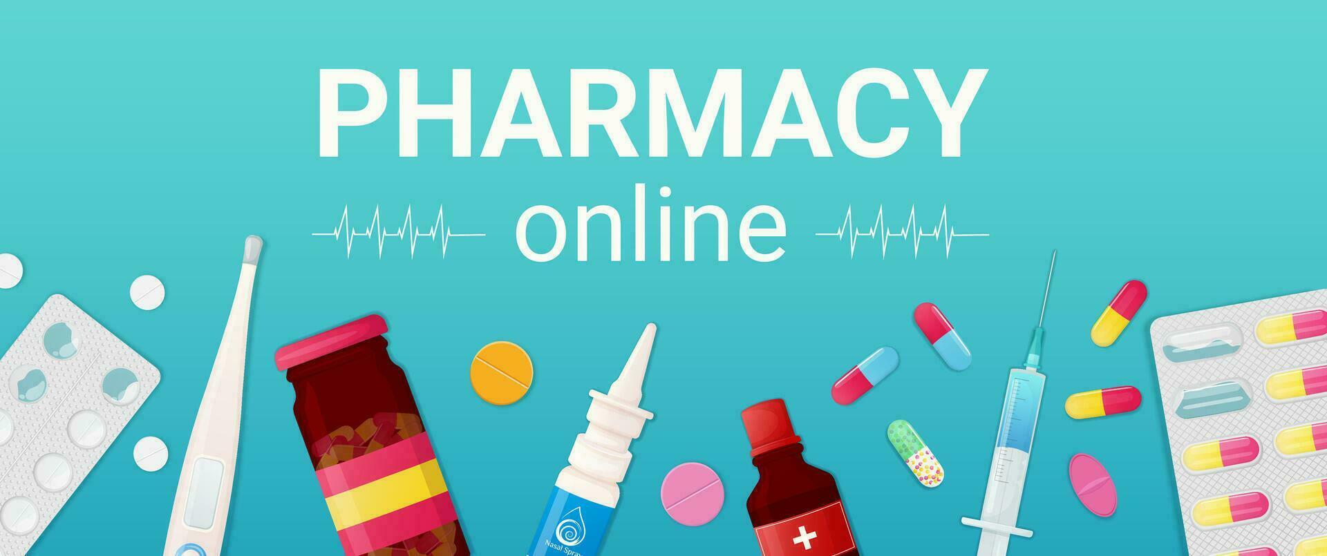 online apotheek web banier concept. medisch achtergrond met verschillend drug vector