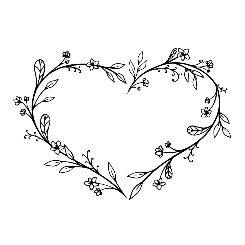 Valentijn hart kader met bloemen en bladeren. zwart lineair reeks van bloem, hand- geschilderd bundel van bloemen, bloem en bladeren geïsoleerd Aan wit achtergrond vector