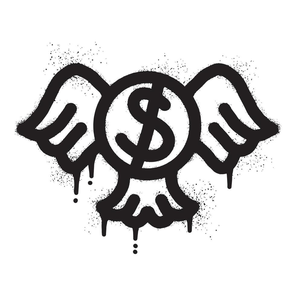 dollar munt graffiti met Vleugels getrokken met zwart verstuiven verf vector