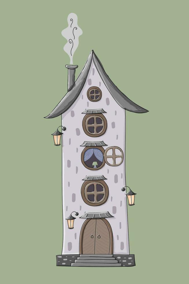 fantastisch knus huis geïsoleerd Aan een groen achtergrond. vector illustratie van een tekening.