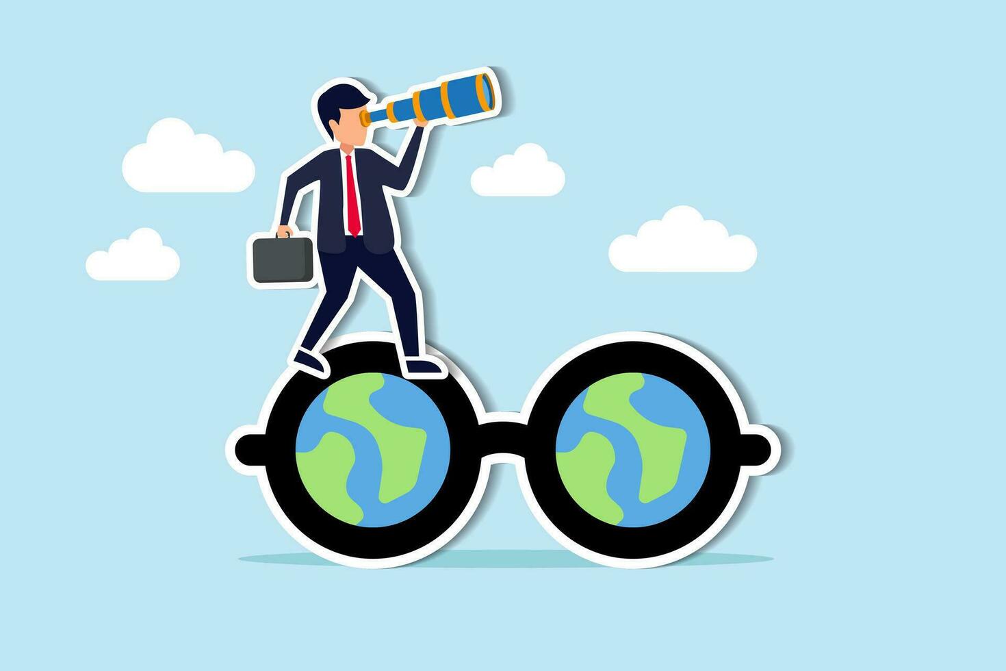 globaal of wereld bedrijf visie, Internationale bedrijf kans, zoeken voor functie, carrière of werken Buitenland concept, zakenman kijken door telescoop Aan bril met wereld kaart. vector